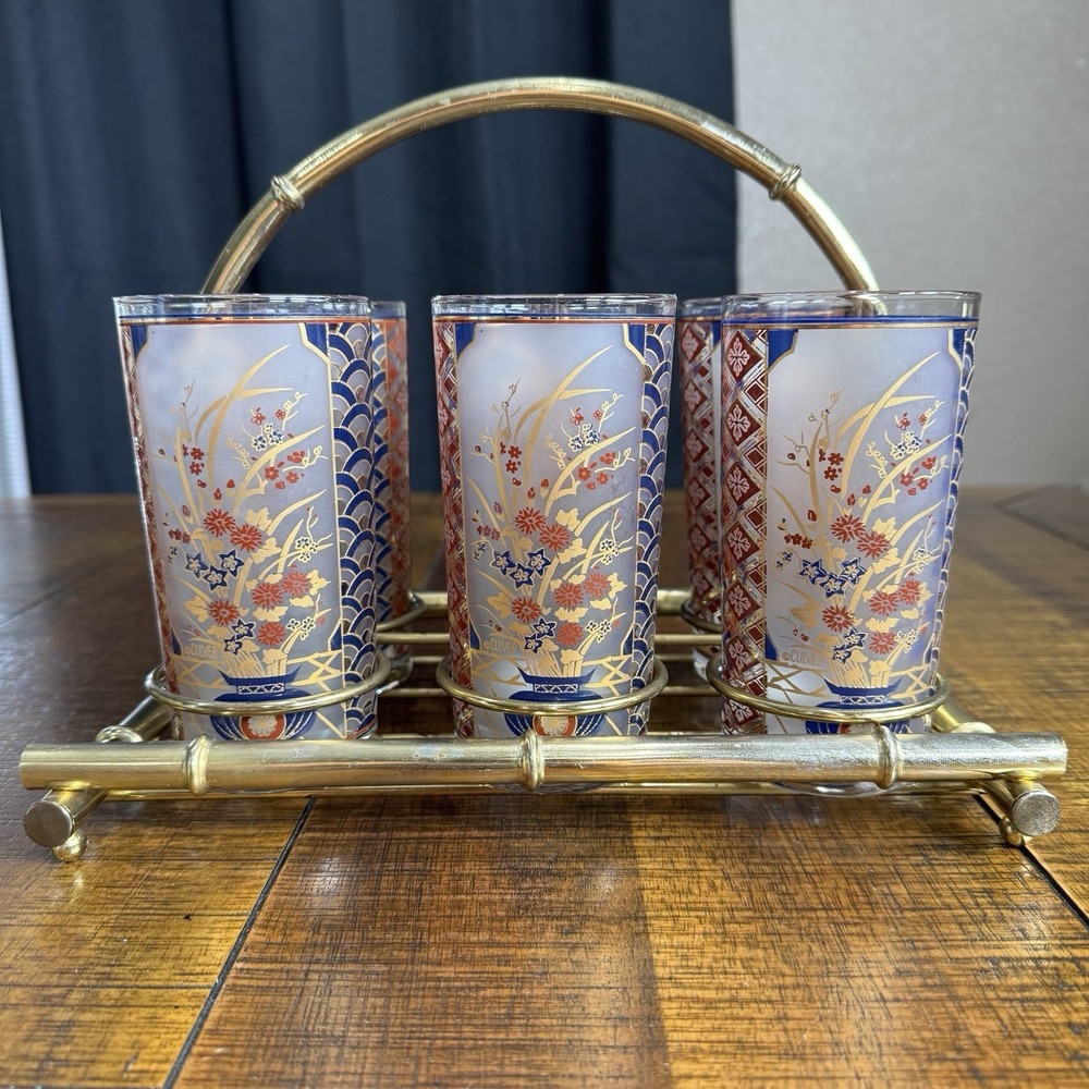 MCM Culver Imari Asian Highball Liquor Glasses 22k Gold w/Bamboo Caddy Set Of 6